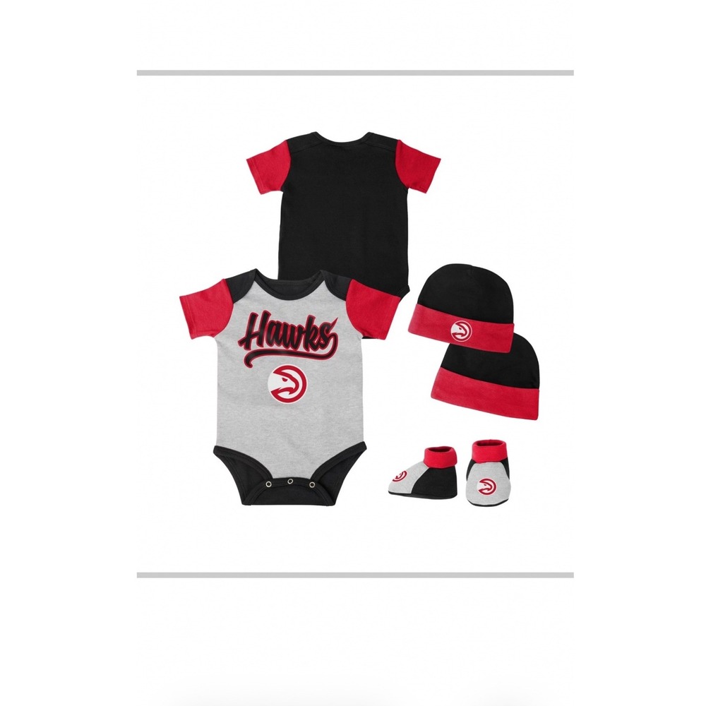 Atlanta Hawks NBA Baby Set Bodysuit T-Shirt Hats Booties Grey Black Red Kids